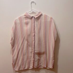 Size Medium button up striped top. Pink, purple and white with gold